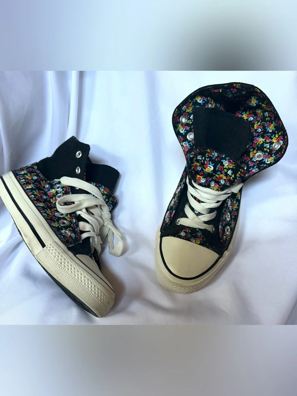 Wet Seal Black Floral hi top flip down variety ways to wear Lace-Up Shoe